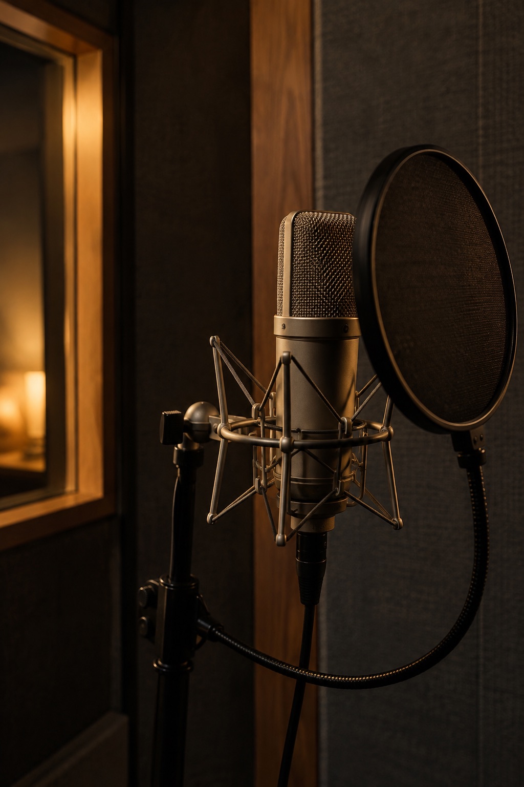 Microphone et filtre anti-pop dans une cabine vocale vide