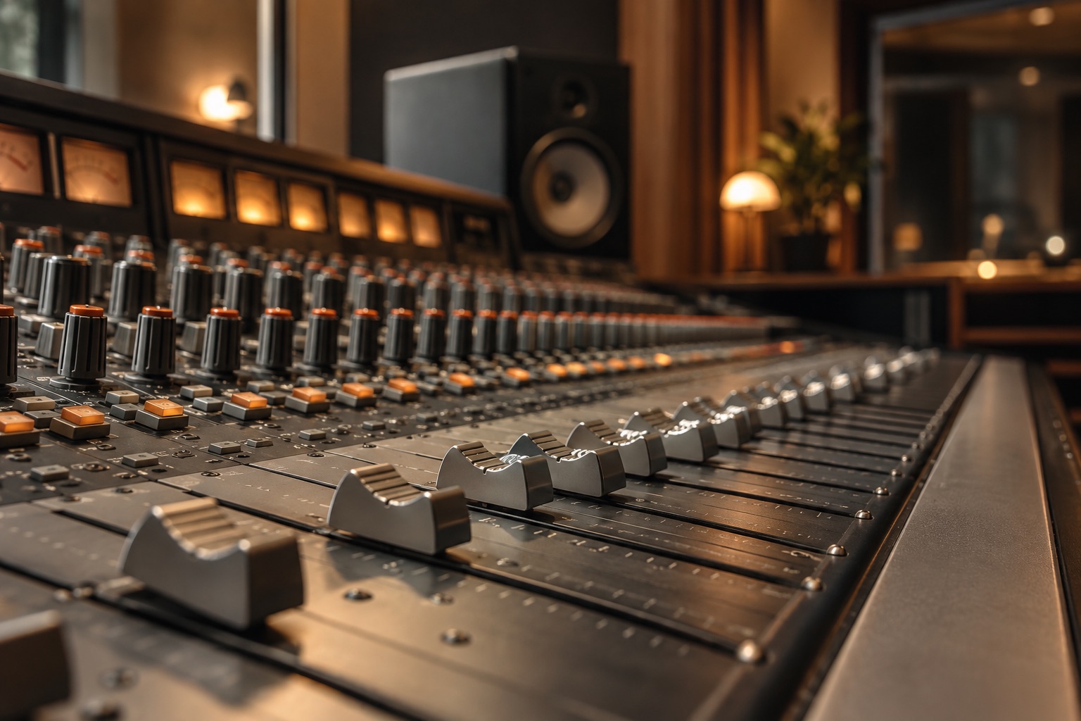 Détail des faders d’une console de mixage