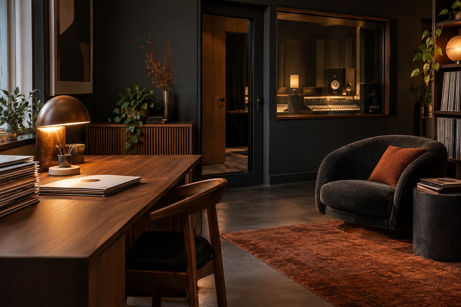 Espace de travail et d’écoute avec vinyles et lumière chaleureuse, sans personne