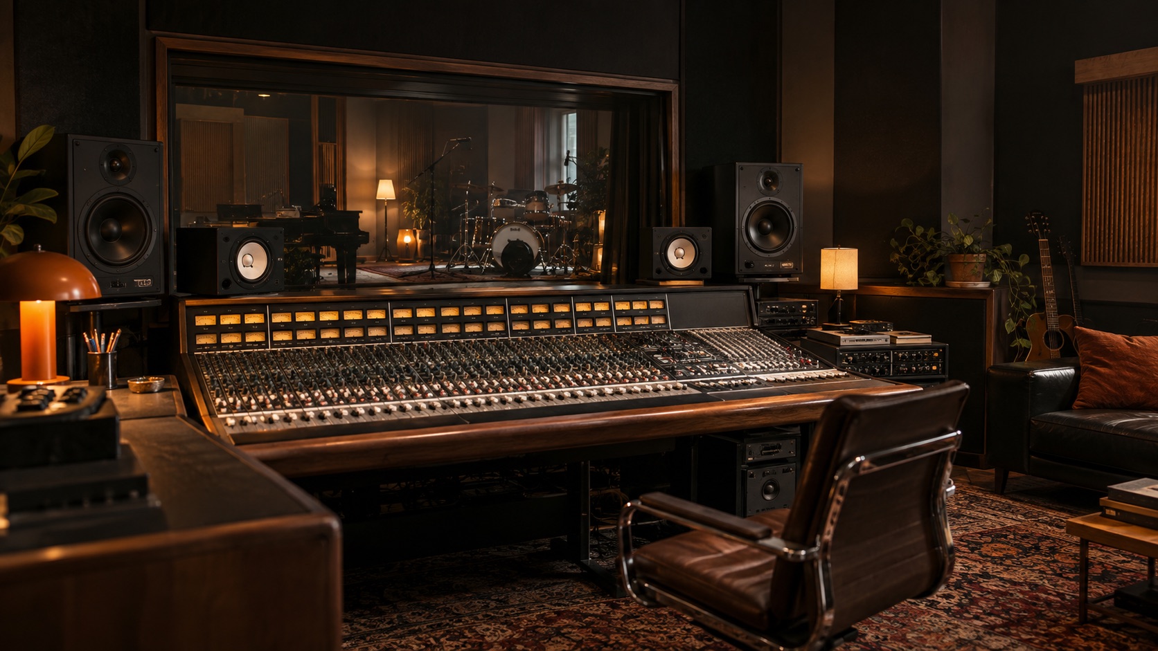 Régie de studio : console de mixage et bois chaleureux, sans personne