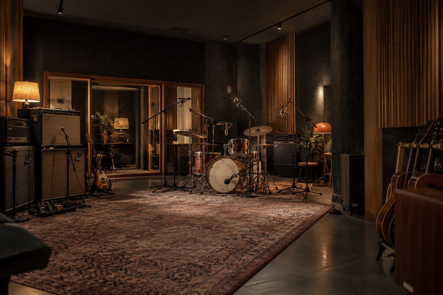 Salle de prise de son avec batterie, guitares et traitement acoustique